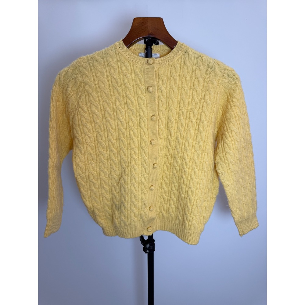 Foxridge Vintage Yellow Cable Knit Cardigan 100% Wool Hand Loomed Hong Kong